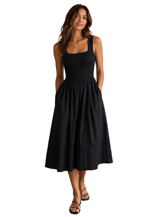 Wayf Dresses & Skirts - WAYF Smocked Fit & Flare Black Square Neck Midi Sundress Size Small